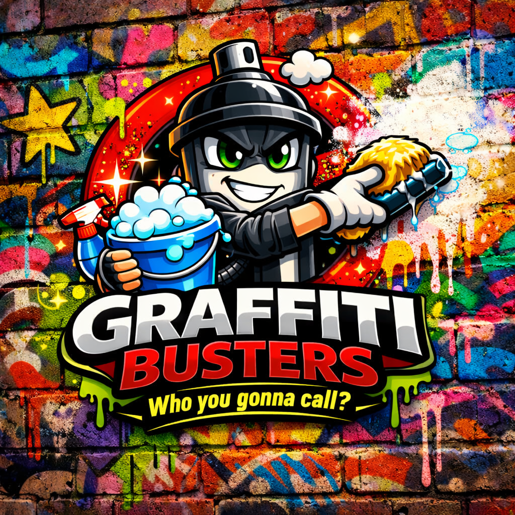 Graffiti Busters mascot β spray can character cleaning a wall
